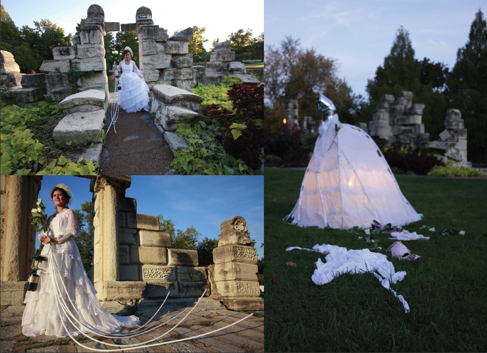 Cindy Tower Happenings/Performed Sculpture Wedding dress and tent stakes