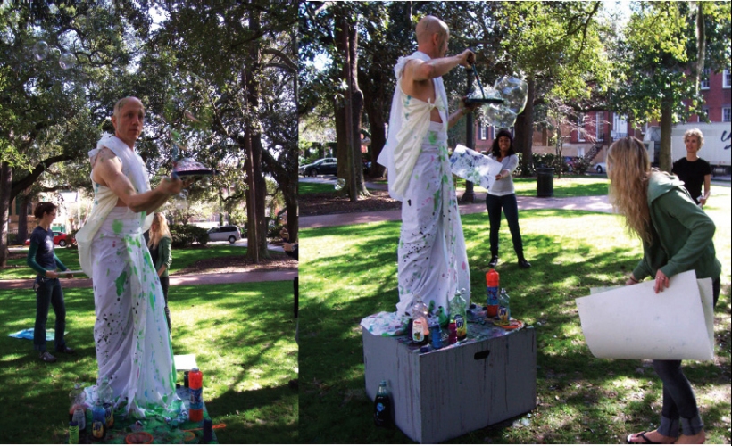 Cindy Tower Viewers as Creators Model blowing colored bubbles, canvases, participants