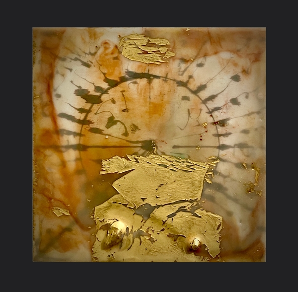 Constance Vallis BAROQUE 2020 Encaustic, black walnut ink, gold leaf on panel