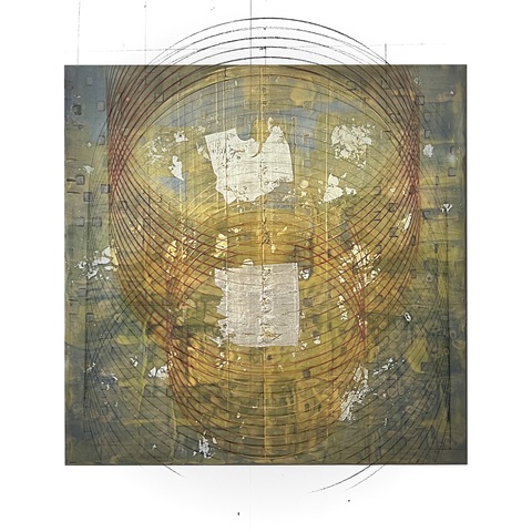 Constance Vallis GEOMETER 2023 encaustic, white gold leaf, graphite on panel