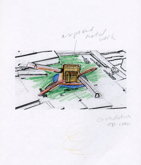 Marcia Cooper WTC Memorial, Drawing, LMCC Proposal, 2003 color pencil and pencil on printed study
