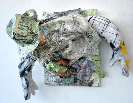 DANIEL ROSENBAUM MACHE SCULPTURE Paper Mache, canvas, styrofoam, paper, paint,wood,pencil,gloves,hat