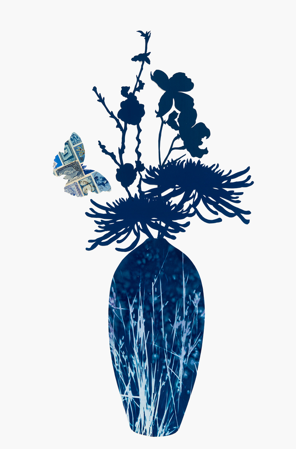 DEBORAH WEISS EVENING BLOOMS Hand cut collage with the artist's cyanotype, painted papers w/vintage stamps