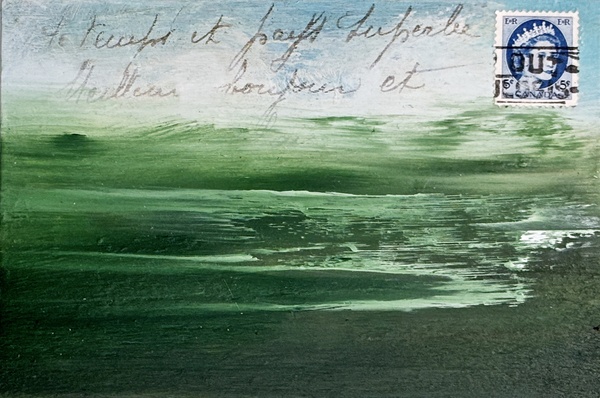 DEBORAH WEISS GHOST WRITERS oil on panel w/ postage stamp