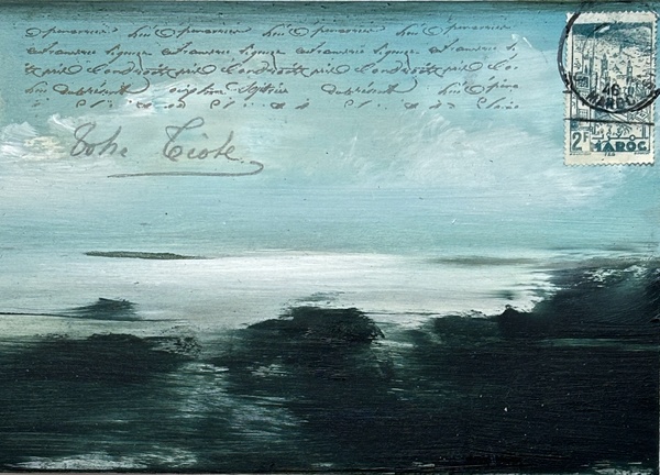 DEBORAH WEISS GHOST WRITERS oil on panel w/ collage mixed media