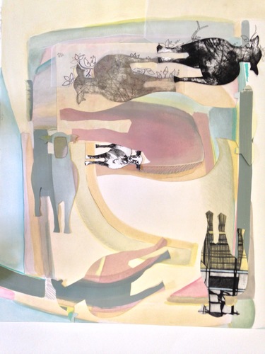 Debra Radke Sheep  Monoprint Collage- Drypoint & Monotype prints on Acrylic on Watercolor paper