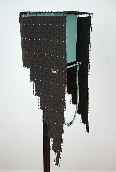 Diane Simpson Headgear (1990-1996) enamel, embossed rag paper, steel mesh, cord, waxed linen thread (stand: enamel on Gatorfoam board and wood)