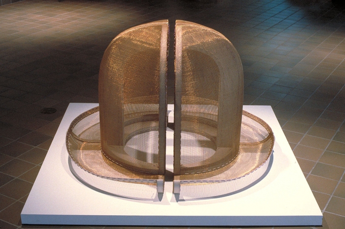 Diane Simpson Headgear (1990-1996) bronze mesh, stained MDF, rayon/silk cord