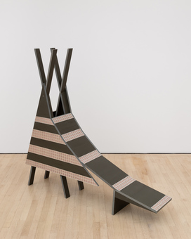  Applied Arts (2019-2023) painted and stained LDF, perforated aluminum, canvas, crayon 