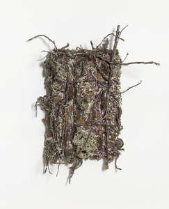 Dominick Anthony Takis Paintings 2021; 2022 Conditions Altered acrylic,oil,lichen,sprayfoam,media,branch in silicone caulking on canvas and burlap