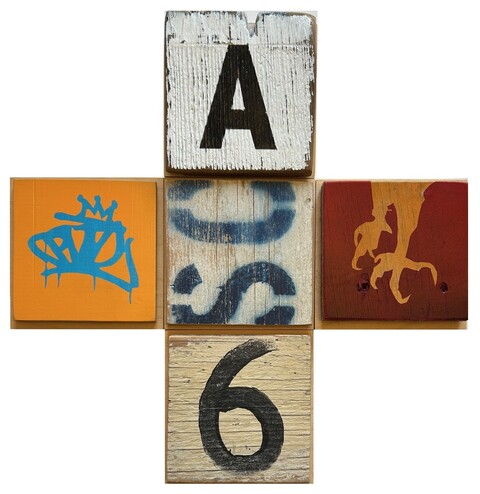 DYLAN SCHULTZ Mind Your P's and Q's Acrylic and Spray Paint on Wood, Polyether Structural Adhesive