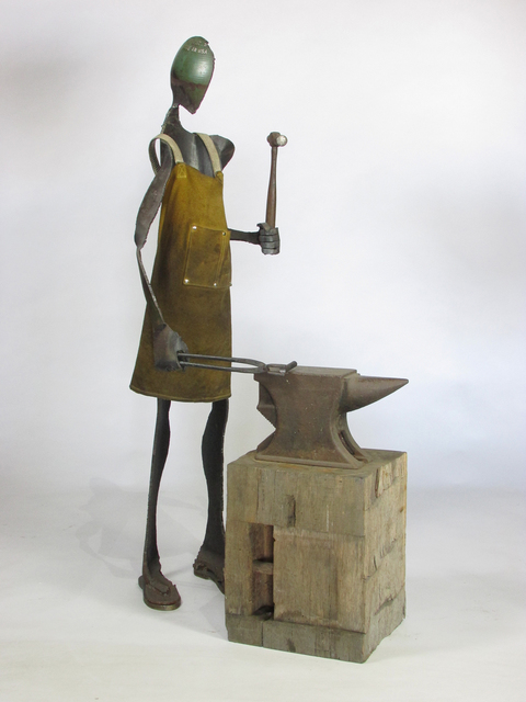Edwin Salmon Figurative Sculpture Repurposed Steel, Leather Apron, Anvil, Hammer and Wood