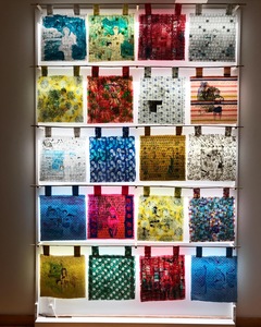 ELENI SMOLEN WAAM Solo March 2020 20 memory flags, mixed media on paper, thread, fabric, bamboo, LED lights, hardware, 