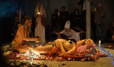 YONI PUJA: Incantation to the Cosmic Cervix, 2016, live ritual offering the 5 elements of Hindu Cosmology to the Yoni of the Goddess, Grace Exhibition Space, Bushwick, Brooklyn, NY, photo: Aria Eastwood