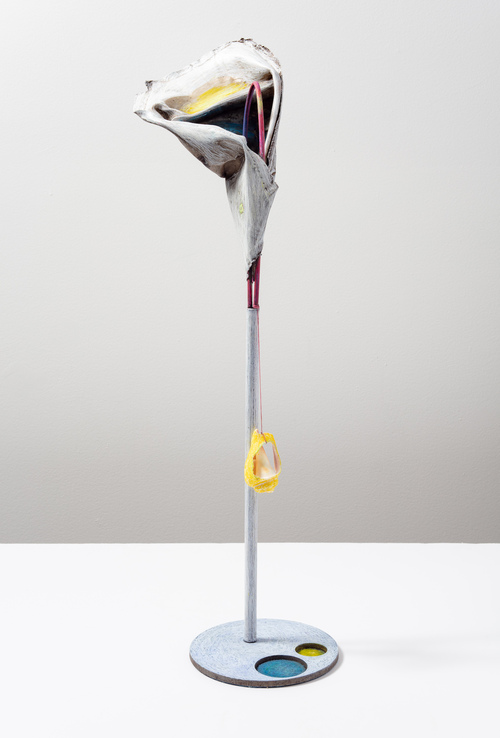 Elisa Lendvay Studio The Pool (and garden) 2025, and related, selecting images steel, found metal part, shell felt, pigment, oil paint