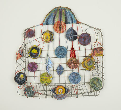 Elisa Lendvay Studio The Pool (and garden) 2025, and related, selecting images flattened steel basket, copper, pigment, acrylic and oil paint, burlap, paper, wire, lids and sealers