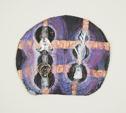 Elisa Lendvay Studio The Pool (and garden) 2025, and related, selecting images steel, copper, paper, found flattened metal part, plastic, palm, graphite, acrylic, oil 