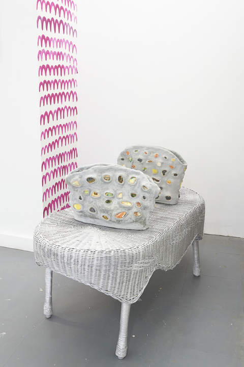 Elisa Soliven Works Glazed ceramic, wicker table, acrylic paint