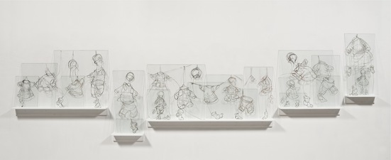 Elizabeth Riggle Drawings on Glass China Marker Picture Glass, Wooden Shelves
