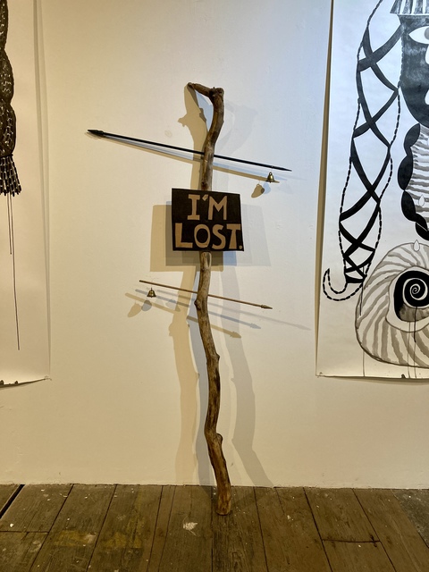 Emilie Lemakis Studio Stick, cardboard, ink, flag poles, bells