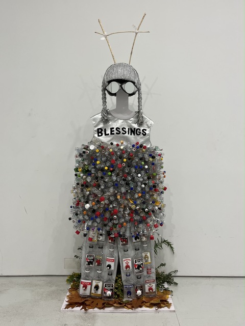 Emilie Lemakis Studio Time Line Nip bottles, wood, canvas, fabric,mop head hair, mirrors, bells, spray paint, three sticks that Beaver chewed on from New Hampshire, leaves from Central Park and weeds from Red Hood, Brooklyn 
