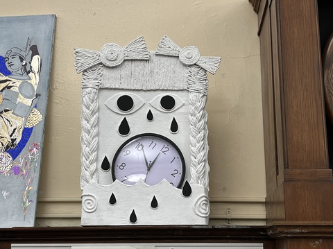 Emilie Lemakis Studio Time Line cardboard, mop head, acrylic medium, found clock