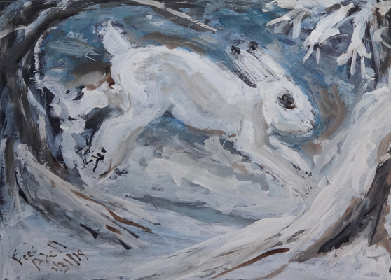 Fred Adell - Wildlife Artist Mammals -- Lagomorphs (Rabbits, Hares) mixed media (ink, watercolor, tempera) on cardboard