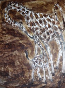 Fred Adell - Wildlife Artist Giraffes and Horses Sepia ink on watercolor paper