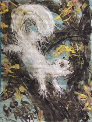 Fred Adell - Wildlife Artist Squirrels  mixed media (ink, watercolor, tempera) on primed cardboard