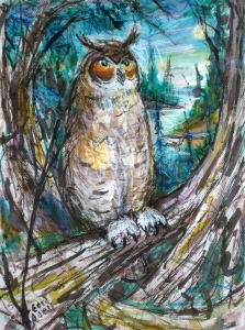 Fred Adell - Wildlife Artist Owls mixed media on paper