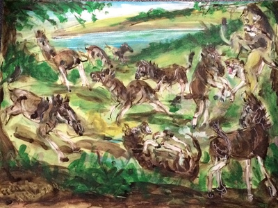 Fred Adell - Wildlife Artist Giraffes and Horses  Mixed Media (Ink, watercolor, tempera) on watercolor paper