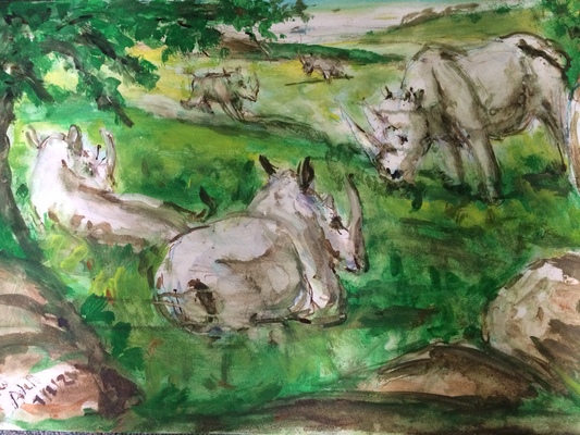 Fred Adell - Wildlife Artist Rhinoceros Mixed Media (Ink, watercolor,tempera) on illustration board