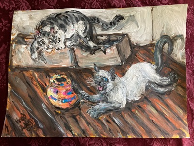 Fred Adell - Wildlife Artist Cats - Domesticated  Mixed Media (Ink, watercolor, tempera) on watercolor paper