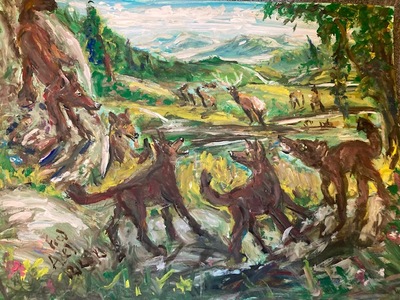 Fred Adell - Wildlife Artist Dogs (wild) and Wolves Mixed Media (Ink, watercolor, tempera) on watercolor paper