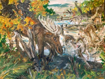 Fred Adell - Wildlife Artist Dogs (wild) and Wolves Mixed Media (Ink, watercolor, tempera) on watercolor paper