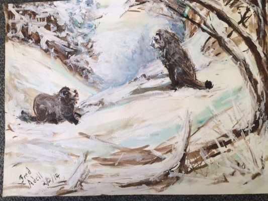 Fred Adell - Wildlife Artist Groundhogs Mixed Media (Ink, watercolor, tempera) on watercolor paper