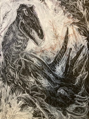 Fred Adell - Wildlife Artist Prehistoric Life Mixed Media (White Gesso, white laundry marker, black ballpoint pen) on black illustration board