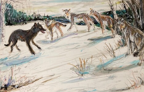 Fred Adell - Wildlife Artist Dogs (wild) and Wolves Mixed Media (Ink, watercolor, tempera) on illustration board  