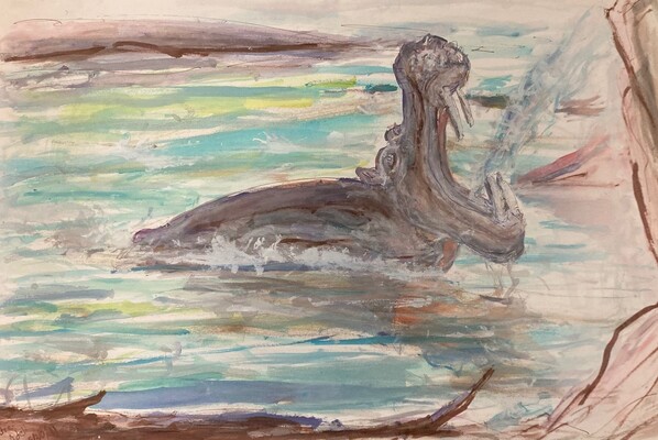 Fred Adell - Wildlife Artist Hippopotamus Mixed Media (Ink, watercolor, tempera) on illustration board