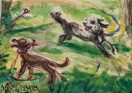 Fred Adell - Wildlife Artist Dogs - Domesticated Mixed Media (Watercolor, tempera, black Sharpie) on watercolor paper