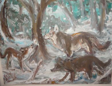 Fred Adell - Wildlife Artist Dogs (wild) and Wolves Oil on canvas panel