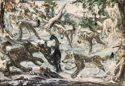 Fred Adell - Wildlife Artist Dogs (wild) and Wolves Mixed Media (ink, watercolor, tempera) on watercolor paper