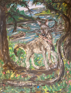 Fred Adell - Wildlife Artist Dogs (wild) and Wolves Mixed Media (Ink, watercolor, tempera) on watercolor paper.