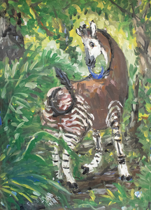 Fred Adell - Wildlife Artist Giraffes and Horses Mixed Media (Ink, watercolor, tempera) on illustration board