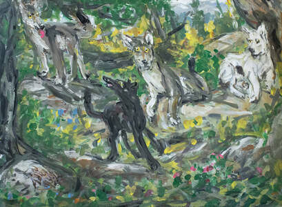 Fred Adell - Wildlife Artist Dogs (wild) and Wolves Mixed Media (Ink, watercolor, tempera) on watercolor paper