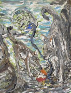 Fred Adell - Wildlife Artist Dogs (wild) and Wolves Mixed Media (Ink, watercolor, tempera, color pencils) on watercolor paper