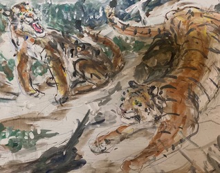 Fred Adell - Wildlife Artist Cats (wild) Mixed Media (Ink, watercolor, tempera, color pencils) on illustration board