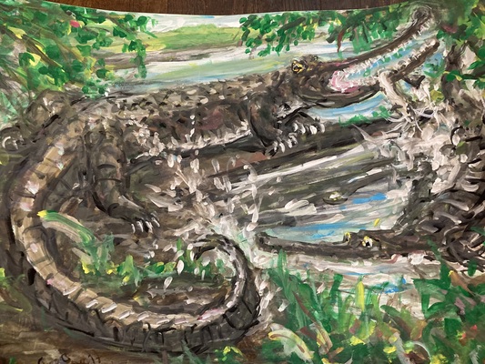 Fred Adell - Wildlife Artist Crocodiles Mixed Media (Ink, watercolor, tempera, color pencils) on illustration board.