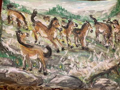 Fred Adell - Wildlife Artist Giraffes and Horses Mixed Media (Ink, watercolor, tempera, color pencils) on  watercolor paper