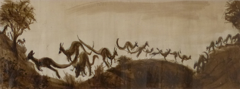 Fred Adell - Wildlife Artist Kangaroos Sepia on Basingwerk Parchment
